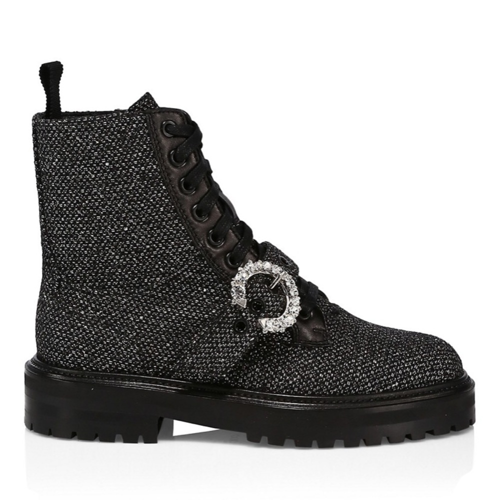 Cora Tweed Embellished Flat Ankle Combat boot - NEW IN BOX